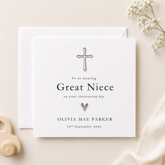 Personalised great niece christening card with silver cross embellishment on white card — typographic serif design