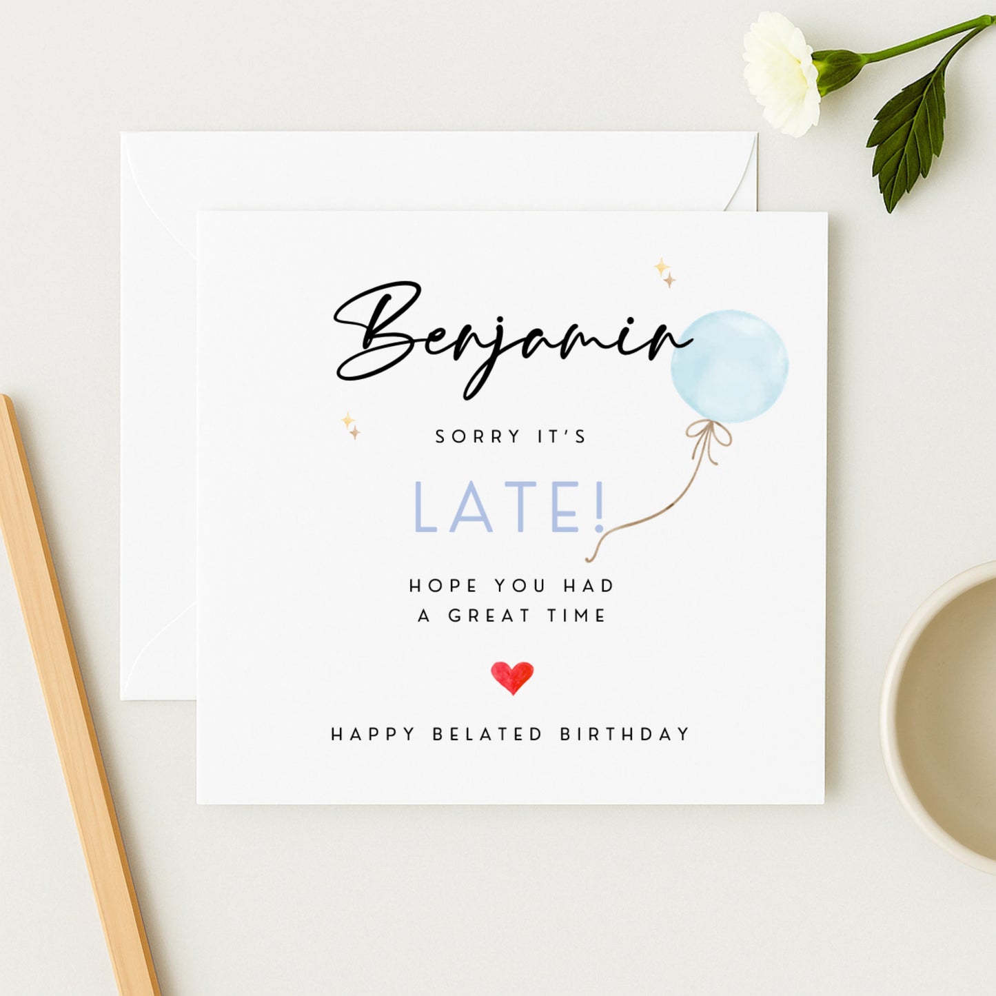 Personalised Belated Birthday Card | Sorry It's Late | Blue Balloon