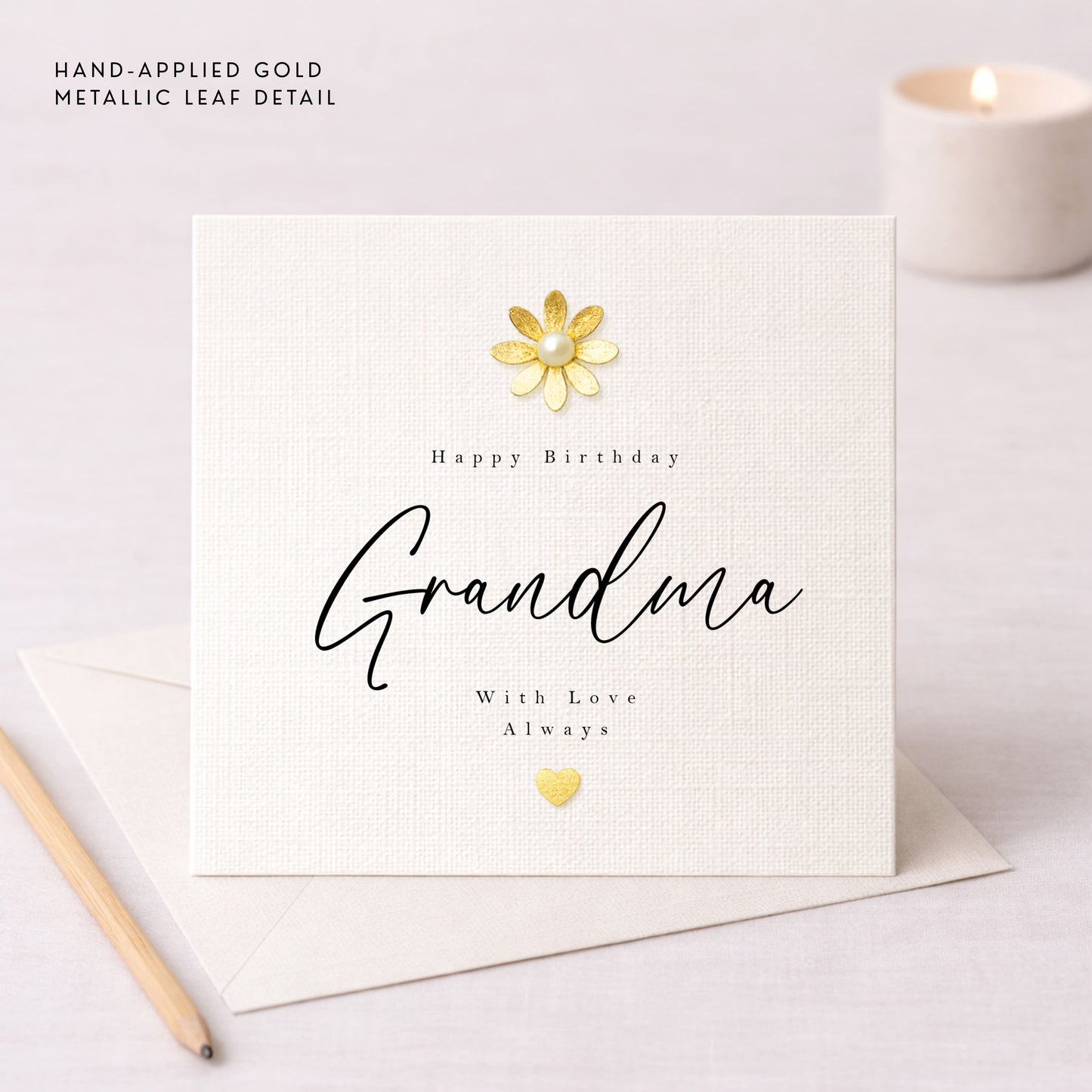 Happy Birthday Grandma Card — Hand-Applied Metallic Leaf Flower & Heart