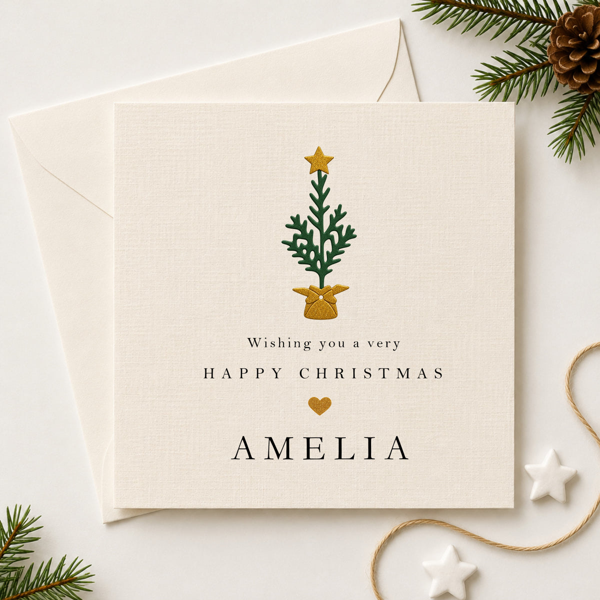Personalised Happy Christmas Card — Add a Name | Hand-Layered Tree