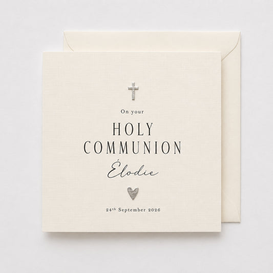 Personalised Holy Communion Card | Gold or Silver Cross & Heart