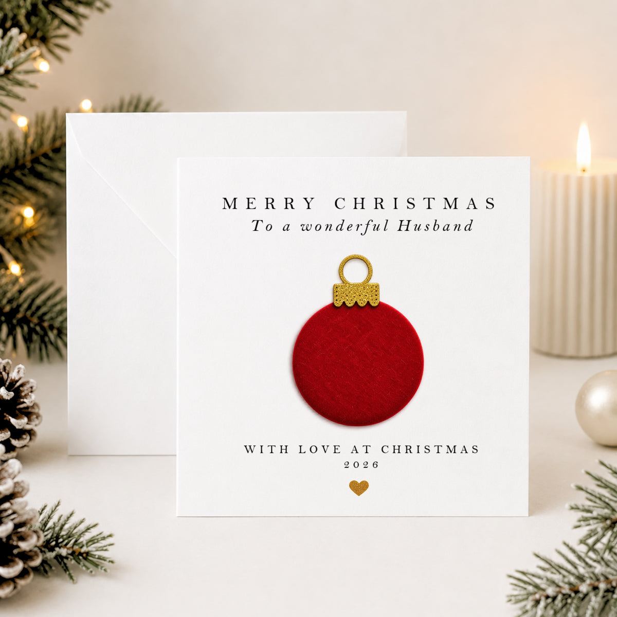 Personalised husband Christmas card with red velvet bauble — handmade velvet bauble colour option