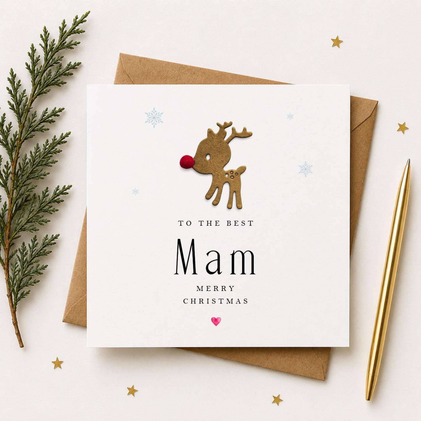 Christmas Card for Mam — Handmade Reindeer with Red Pompom