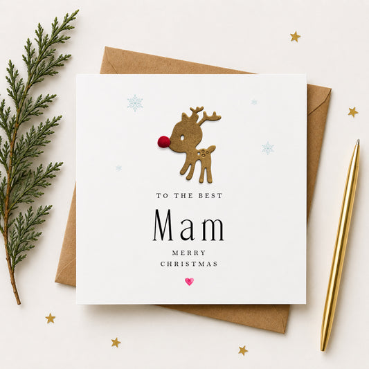Christmas Card for Mam — Handmade Reindeer with Red Pompom