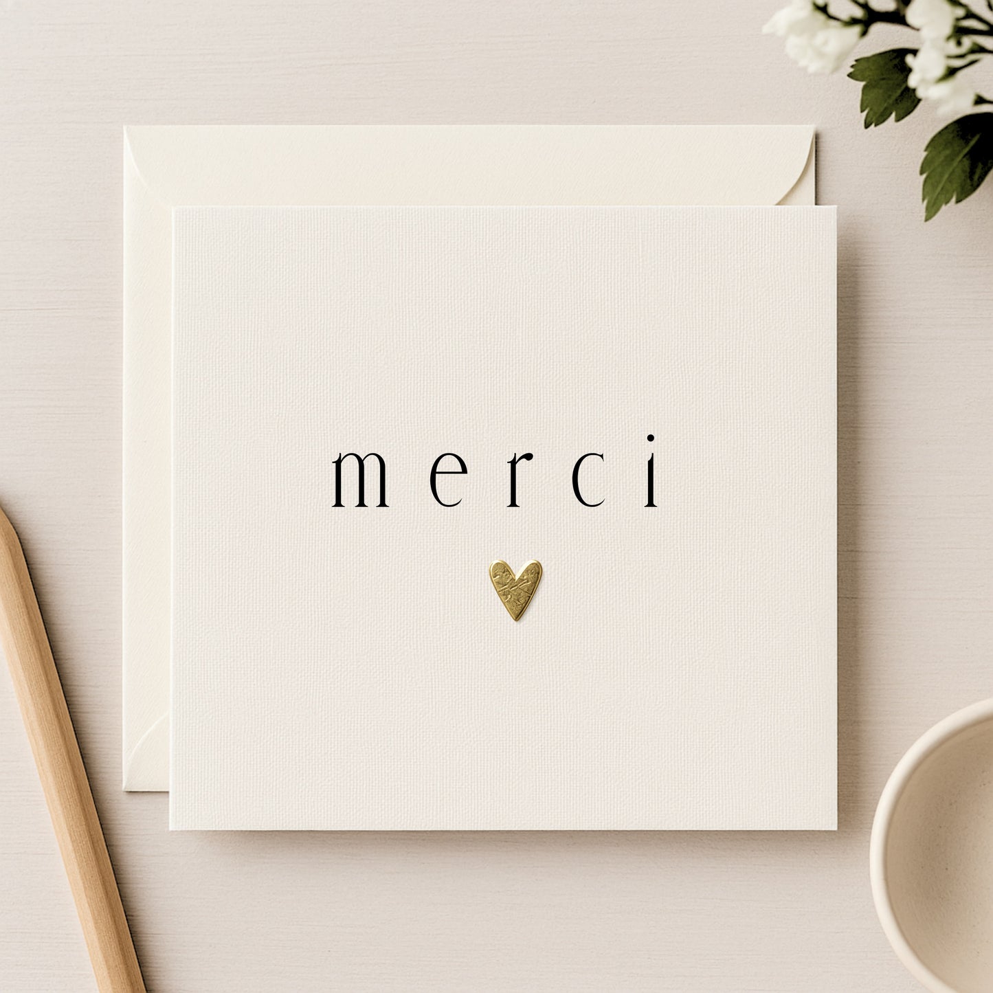 Merci French Thank You Card | Metallic Heart | Ivory Linen