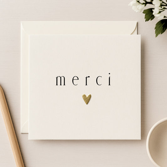 Merci French Thank You Card | Metallic Heart | Ivory Linen