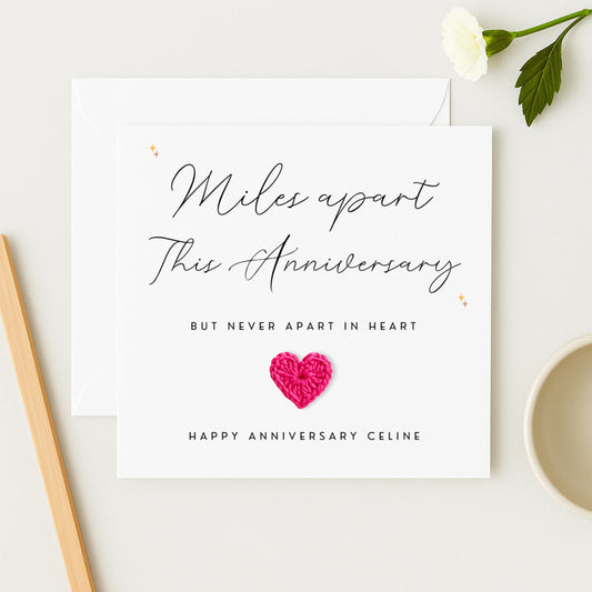 Miles Apart This Anniversary Card — Hand-Crocheted Heart — Personalised with Name