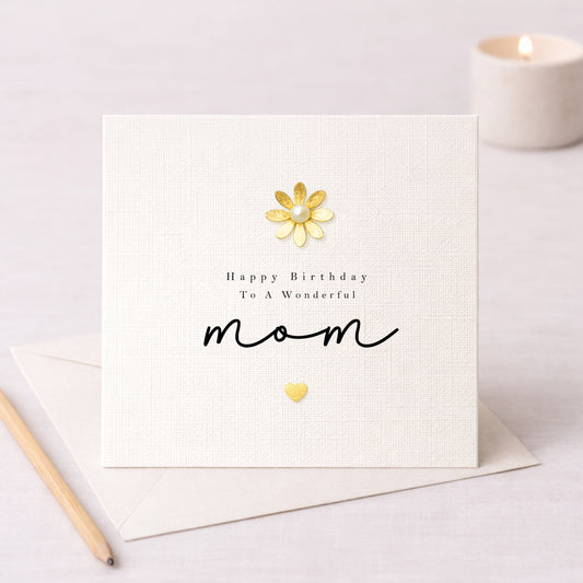 Happy Birthday To A Wonderful Mom Card — Personalised Metallic Leaf Flower & Heart