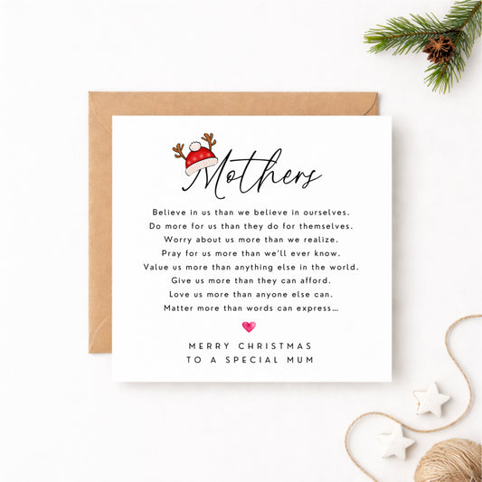 Christmas card for Mum featuring Mothers script with reindeer hat illustration and heartfelt poem, reading Merry Christmas to a Special Mum