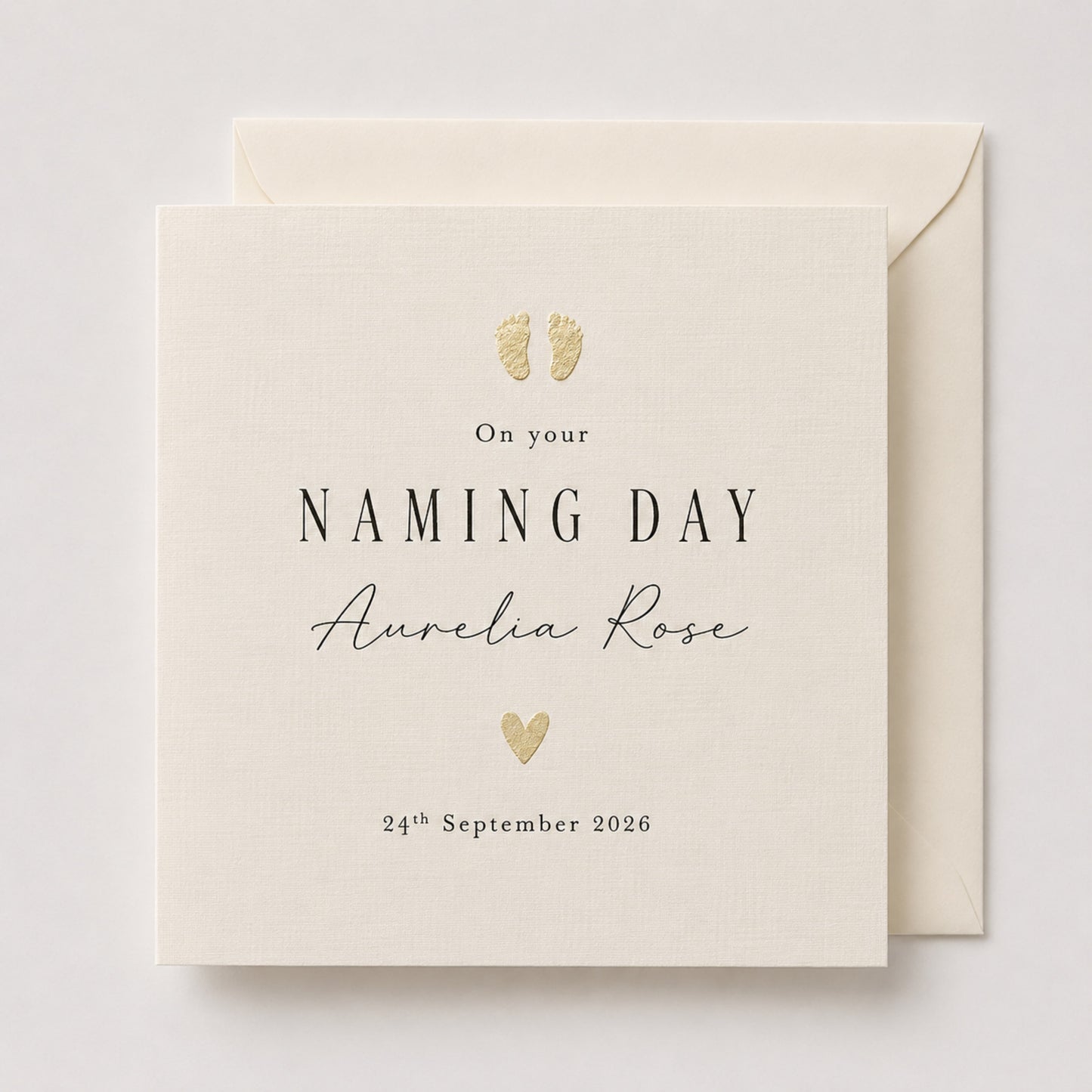 Personalised Naming Day Card | Metallic Leaf Baby Footprints & Heart