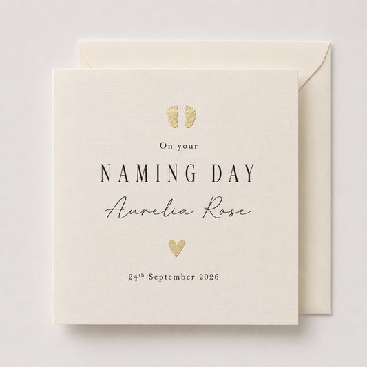 Personalised Naming Day Card | Metallic Leaf Baby Footprints & Heart