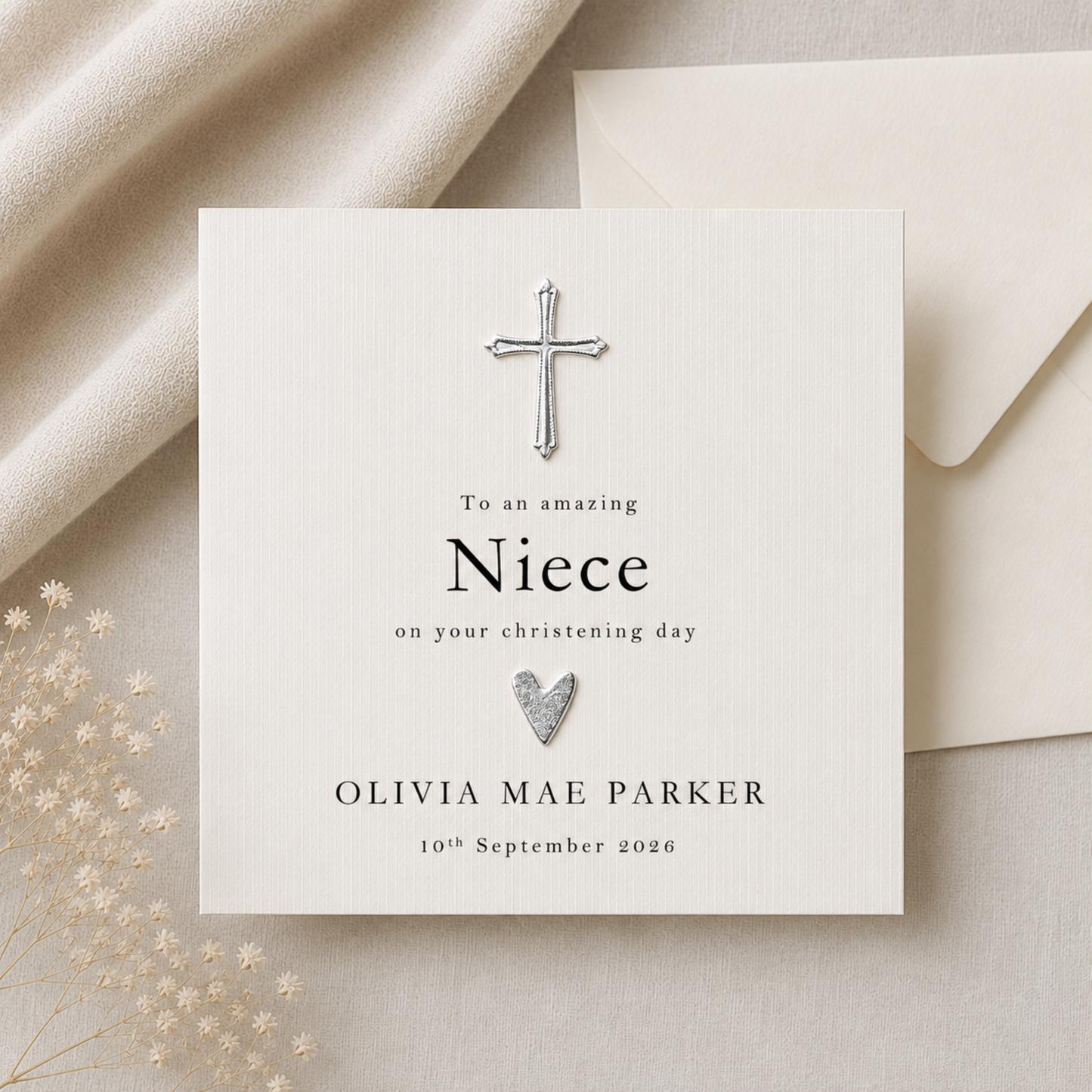 Personalised Great Nephew Christening Card — Gold or Silver Cross | Luxury Ivory Linen