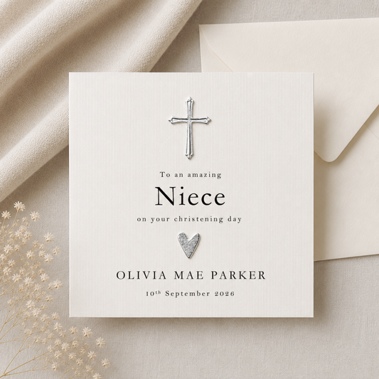 Personalised Great Nephew Christening Card — Gold or Silver Cross | Luxury Ivory Linen