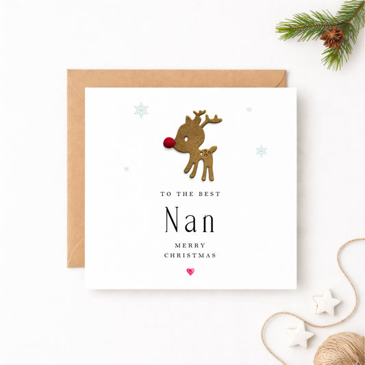 Christmas Card for Nan — Handmade Reindeer with Red Pompom