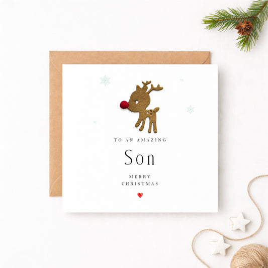 Christmas Card for Son — Handmade Reindeer with Red Pompom