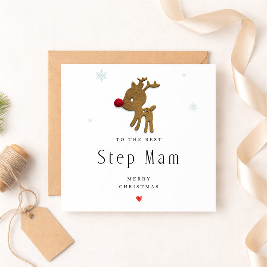 Christmas Card for Step Mam — Handmade Reindeer with Red Pompom