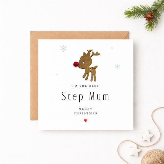 Christmas Card for Step Mum — Handmade Reindeer with Red Pompom