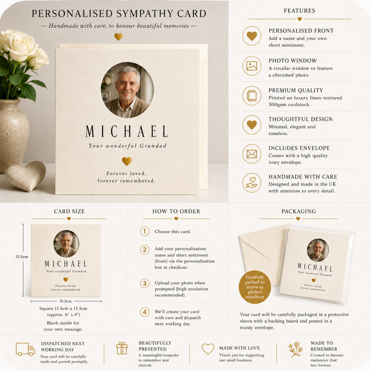 Personalised Sympathy Photo Card with Metallic Leaf Heart